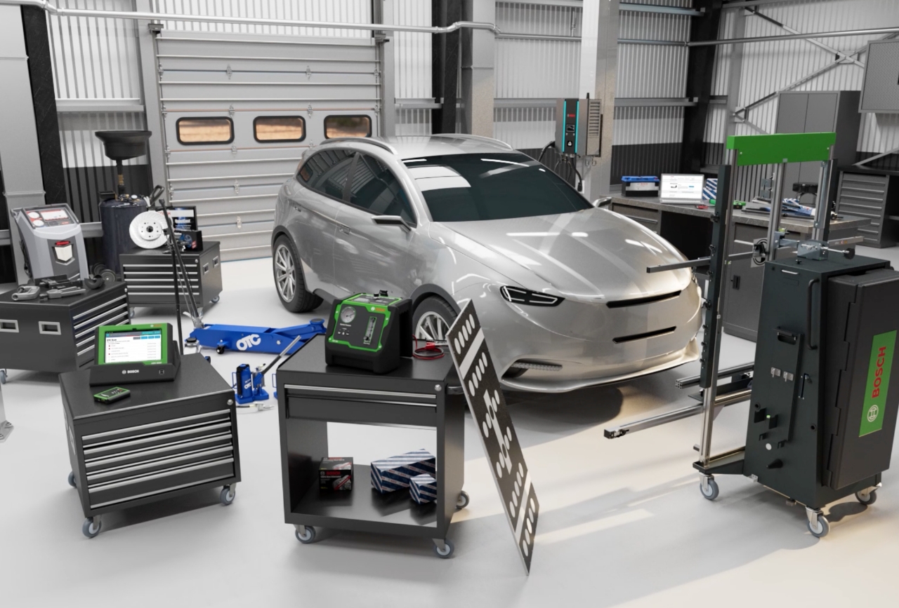 Garage with car and Bosch products